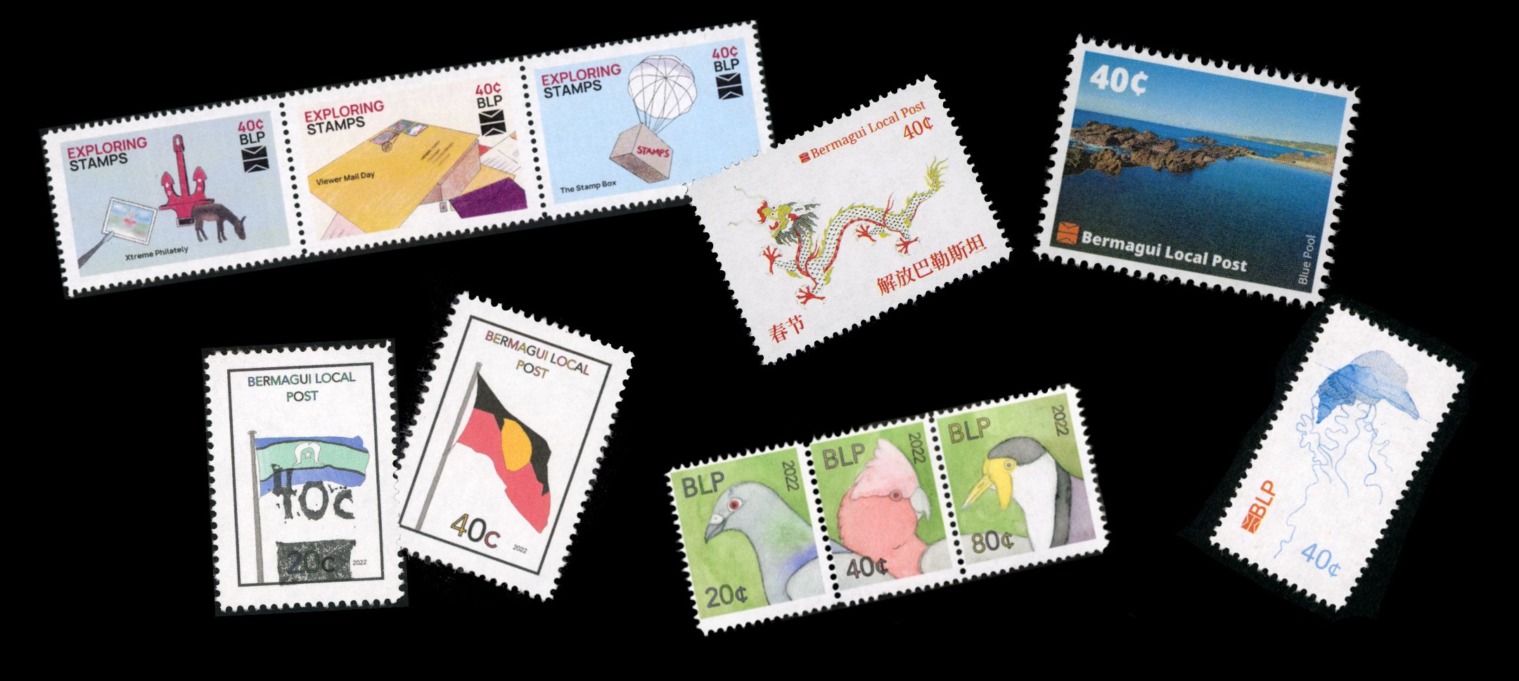 Several stamps from Bermagui Local Post on a black background.