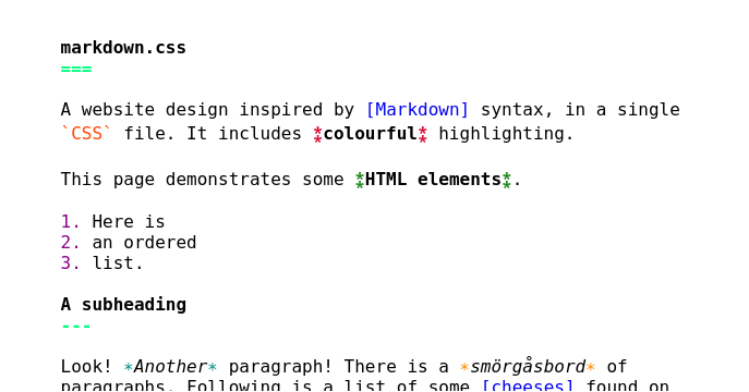 A website design inspired by Markdown syntax, in a single CSS file.